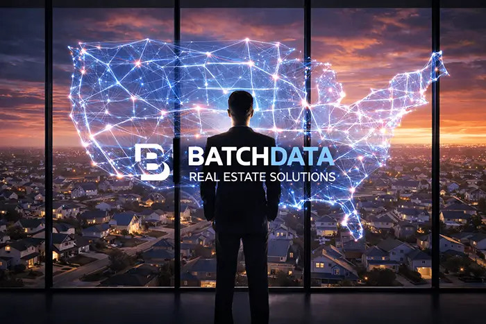Person looking at a glowing map of the United States beside the BatchData Real Estate Solutions logo